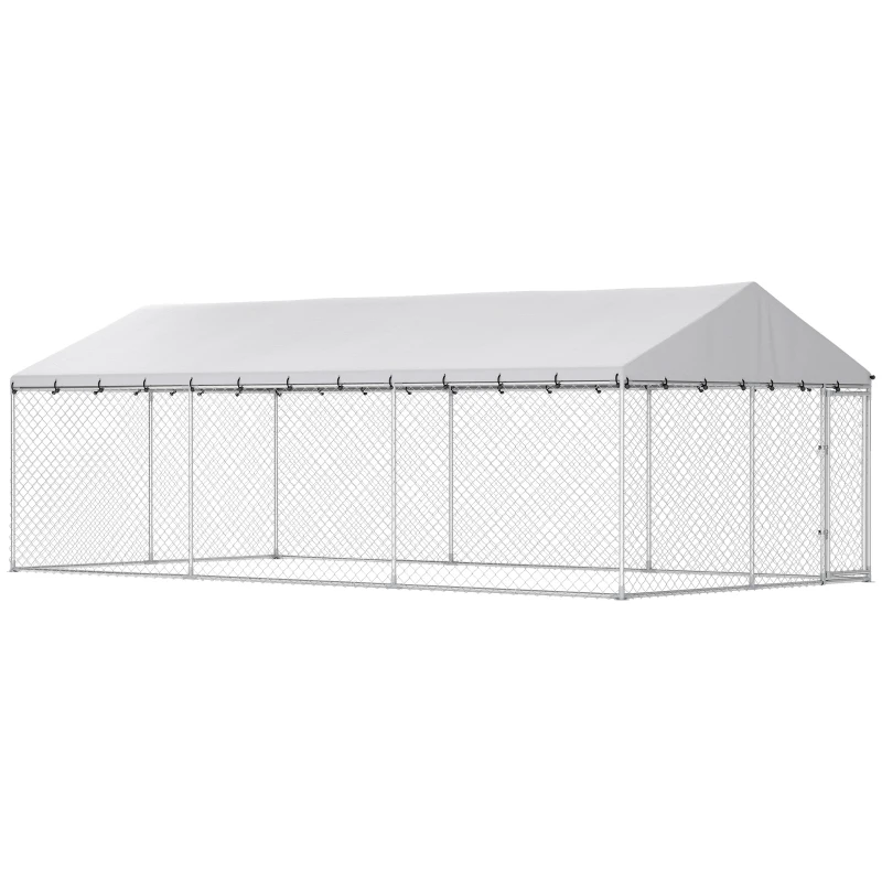 PawHut Galvanized Steel Outdoor Dog Kennel with Roof, Safety Locks, for Backyard, 19.7' x 9.8' x 7.1'