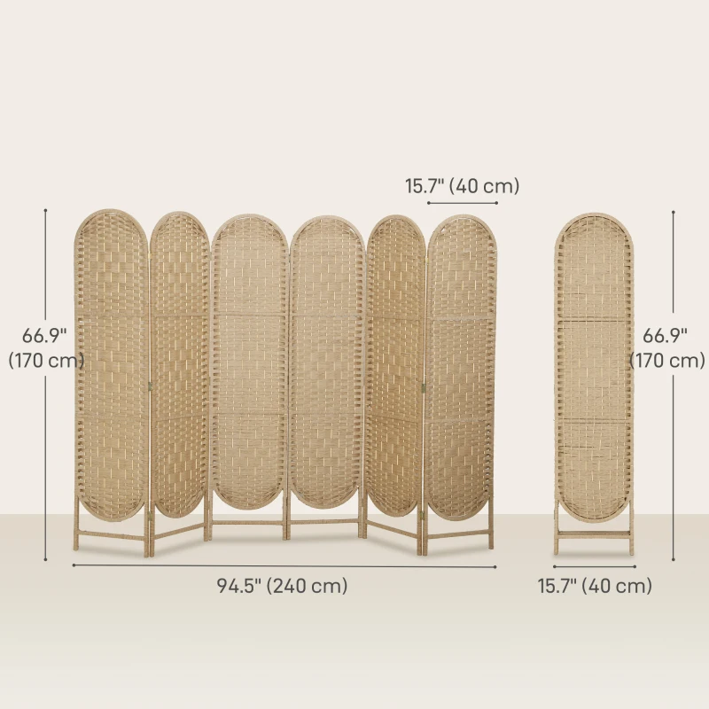 HOMCOM Bohemian Privacy Screen, Folding Room Divider with 6 Panels and Arched Top for Bedroom Living Room Office, Natural Wood