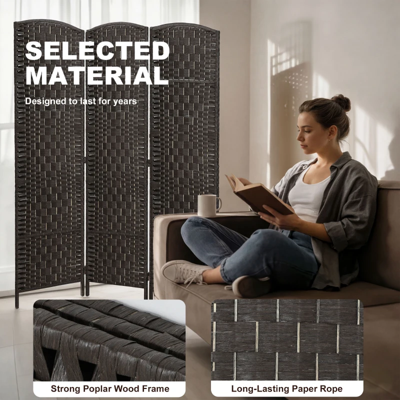 HOMCOM Room Divider, 3 Panel Folding Privacy Screen, 70.9" Tall Portable Weave Partition Wall Divider for Bedroom, Coffee
