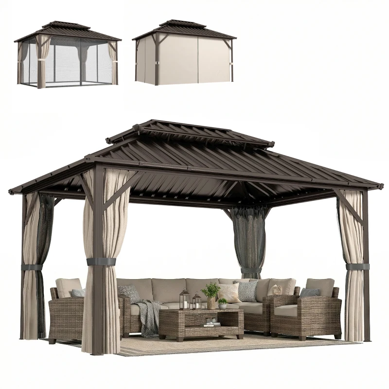 Outsunny 10' x 14' Hardtop Gazebo with Double Galvanized Steel Roof Canopy, Aluminum Frame Permanent Gazebo, Brown