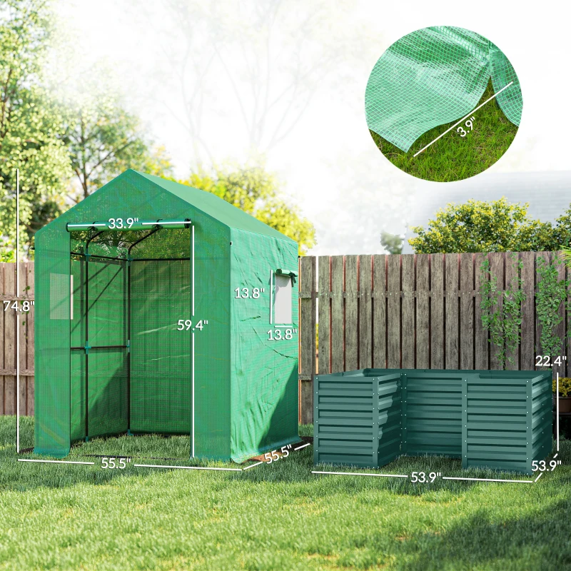 Outsunny Greenhouse with Raised Garden Bed, Galvanized Steel Outdoor Greenhouse with Roll Up Door, 56" x 56" x 75", Green