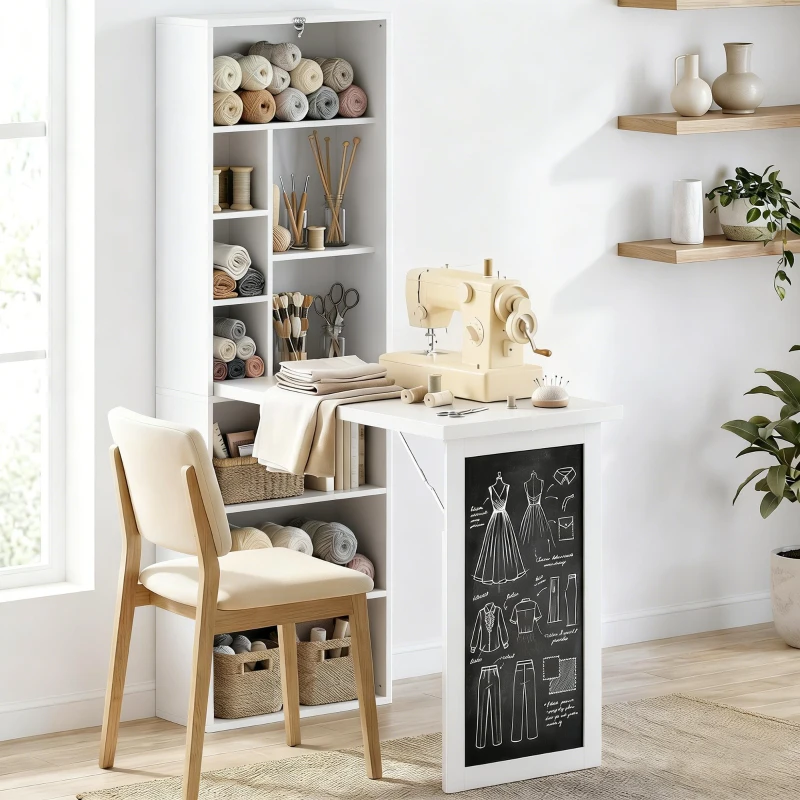 HOMCOM Fold-out Convertible Office Desk, Wall Mount Computer Desk with Blackboard and Side Shelf, White