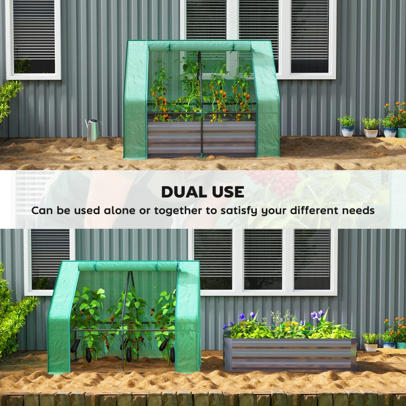 Outsunny 4 x 3 x 1ft Raised Garden Bed with Mini Greenhouse, Galvanized Raised Garden Bed with Cover, Green and Dark Gray