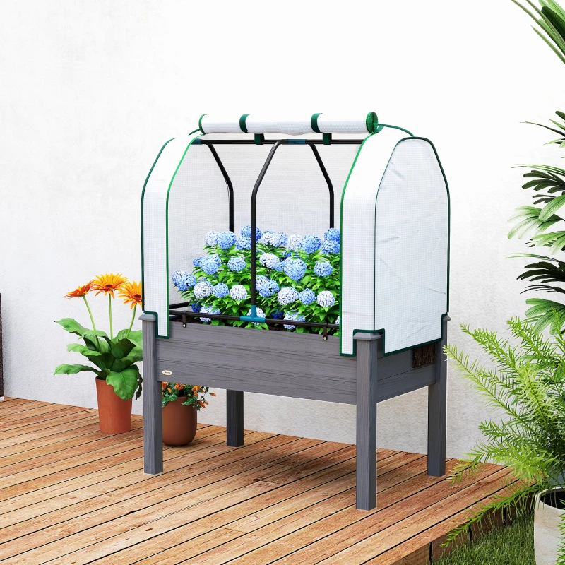 Outsunny Raised Garden Bed with PE Greenhouse Cover Outdoor Planter Box for Herbs and Vegetables, 35 x 22 x 47 inch, Dark Gray