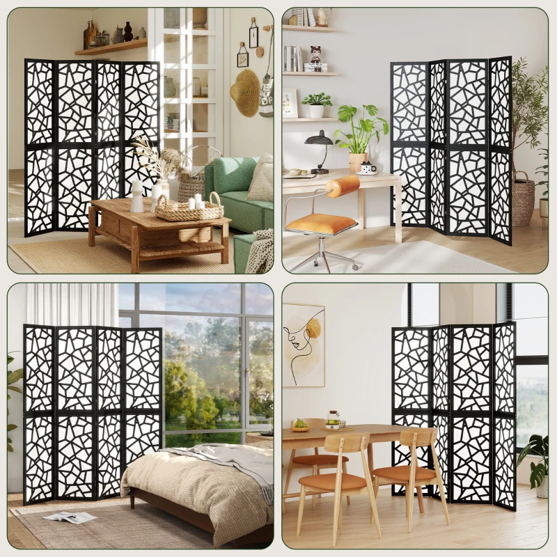 HOMCOM 4 Panel Room Divider, 5.6 FT Lightweight Folding Privacy Screen with Geometric Pattern for Living Room, Bedroom, Black