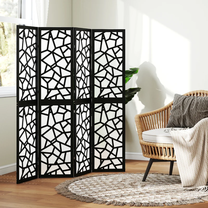 HOMCOM 4 Panel Room Divider, 5.6 FT Lightweight Folding Privacy Screen with Geometric Pattern for Living Room, Bedroom, Black