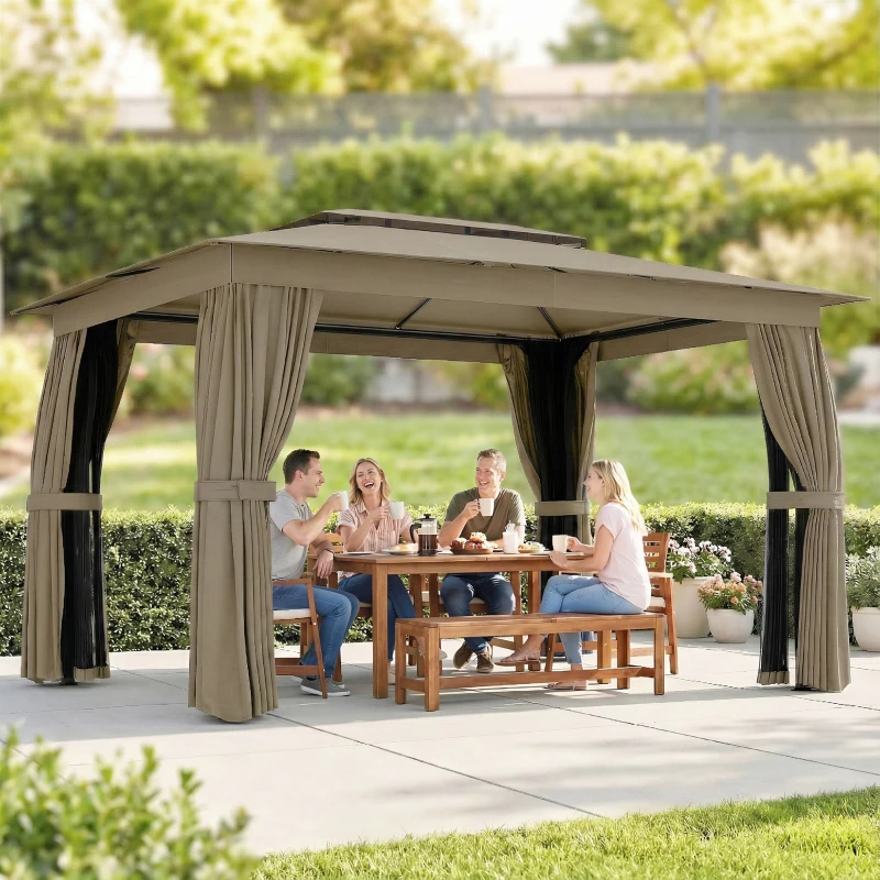 Outsunny 10' x 12' Outdoor Patio Gazebo, Soft Top Gazebo Canopy Shelter with Curtains, Netting, Steel Frame, Hooks, Khaki
