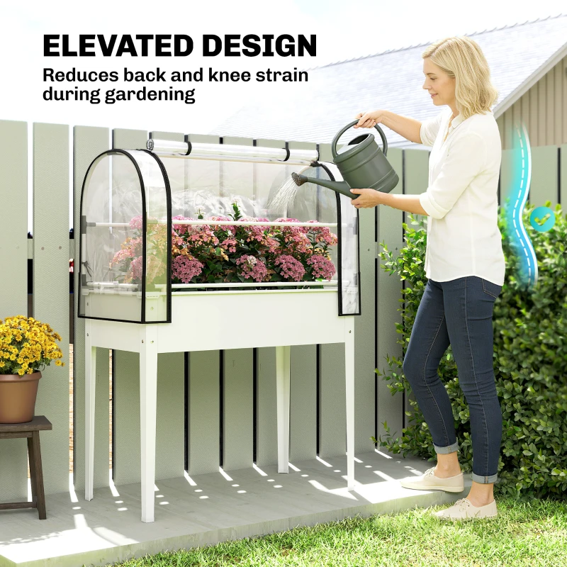 Outsunny Raised Garden Bed with Flip-Up Greenhouse Cover, Metal Elevated Garden Bed with Legs and Drainage Hole, White