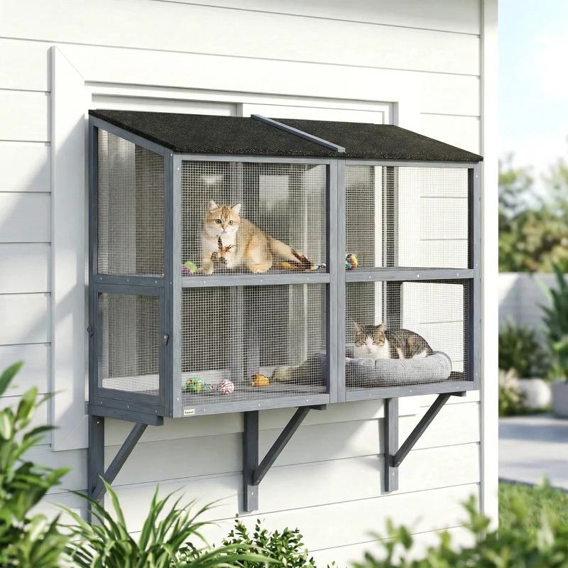 PawHut Catio Outdoor Cat Enclosure Wall-Mounted 2-Level Outdoor Cat House with Waterproof Roof 51.2" Grey