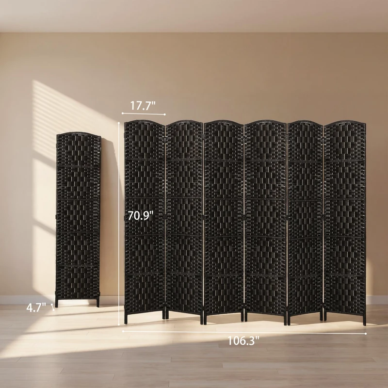 HOMCOM Room Divider, 6 Panel Folding Privacy Screen, 6FT Tall Portable Weave Partition Wall Divider for Bedroom, Coffee