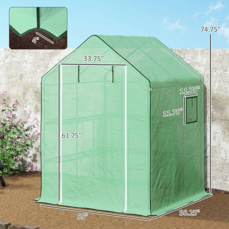 Outsunny 4.6' x 4.7' Portable Greenhouse, Water/UV Resistant Walk-In Small Outdoor Green House with 2 Tier U-Shaped Flower Rack Shelves, Roll Up Door & Windows, Green