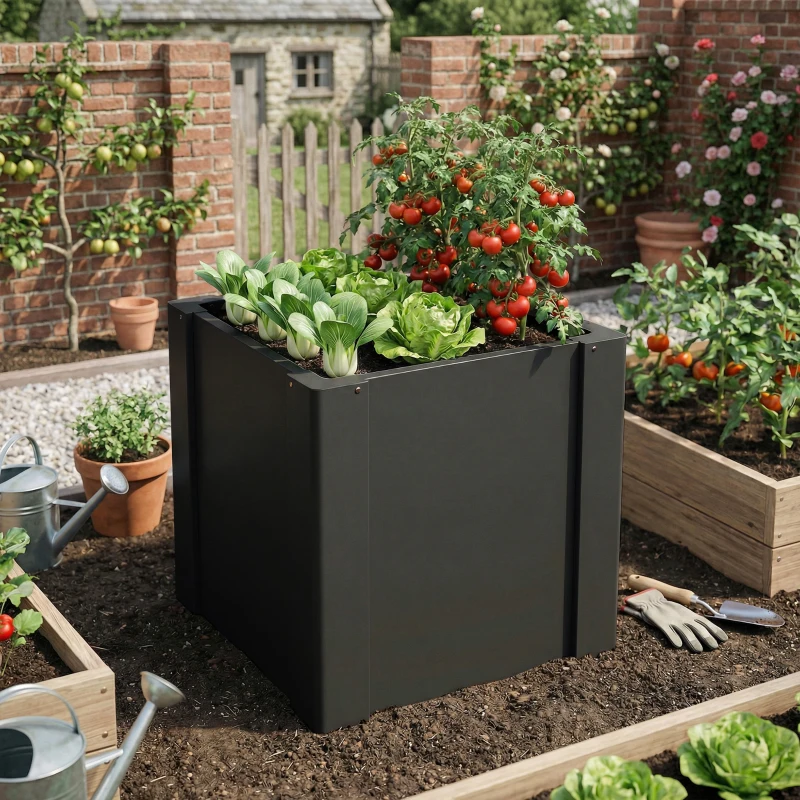 Outsunny Raised Garden Bed Galvanized Planter Box Outdoor with Gloves for Gardening Vegetables, Flower, Herb, 1.4 x 1.4 x 1.5 ft, Black