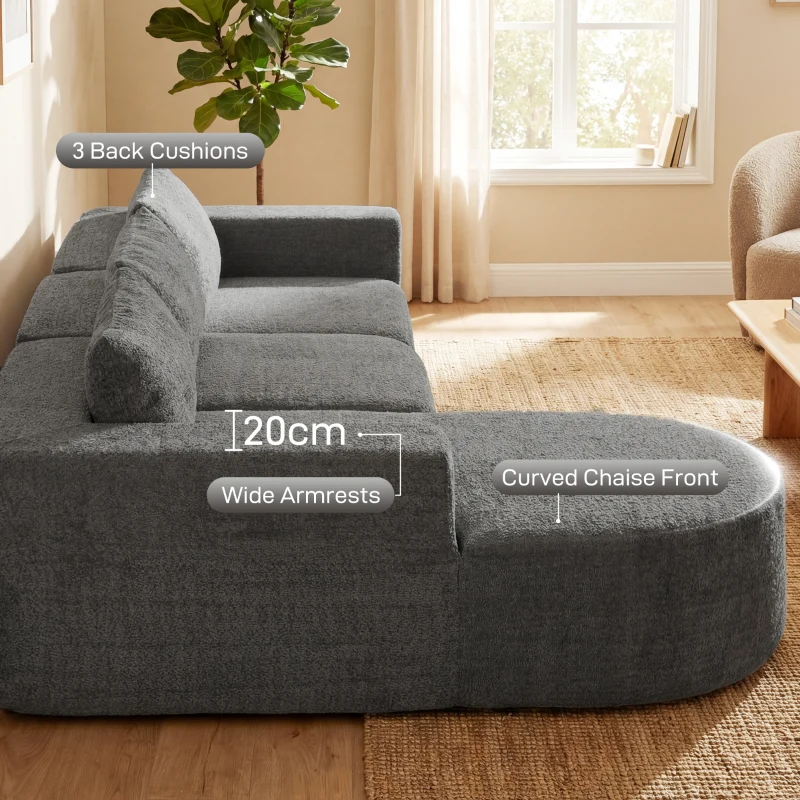 HOMCOM L Shaped Cloud Boneless Couch, Modular Sectional Sofa with Chaise and Deep Seat for Living Room, Bedroom, Dark Grey