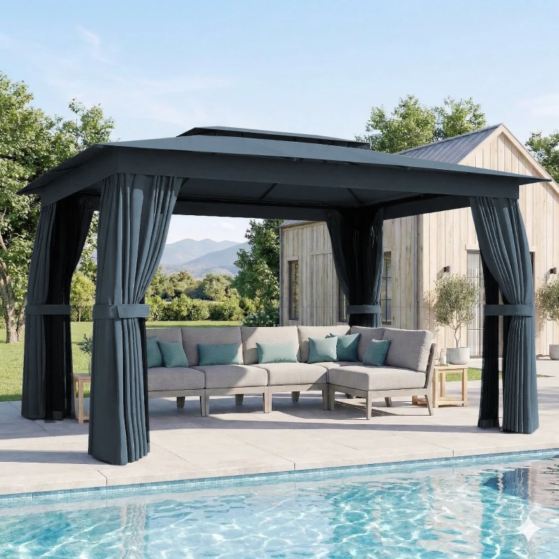 Outsunny 10' x 12' Outdoor Patio Gazebo, Soft Top Gazebo Canopy Shelter with Curtains, Netting, Steel Frame, Hooks, Blue