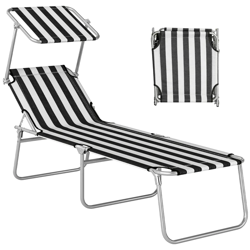 Outsunny Outdoor Pool Chaise Lounge Chair, Folding Tanning Chair with Sun Shade, Black and White