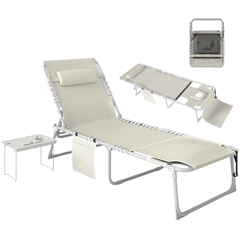 Outsunny Tanning Chair with Face Hole and Side Table, 5-Position Folding Outdoor Chaise Lounge Chair, Beige