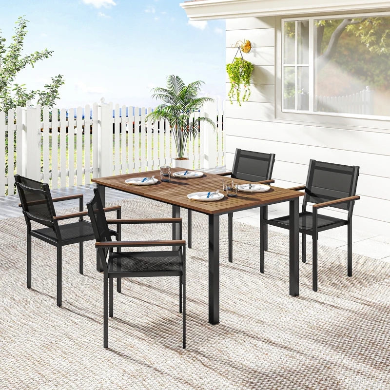Outsunny Outdoor Dining Set for 4, Patio Table and Chairs Set with 59" Rectangle Acacia Wood Table and 352 LBS Stackable Chairs