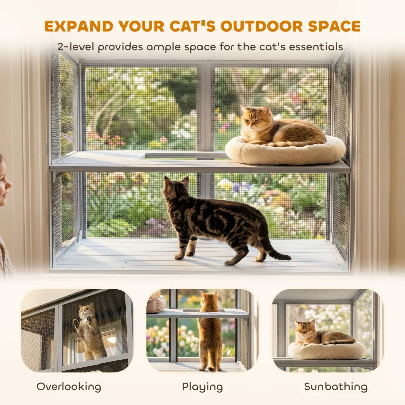 PawHut Catio Outdoor Cat Enclosure Wall-Mounted 2-Level Outdoor Cat House with Waterproof Roof 51.2" Grey