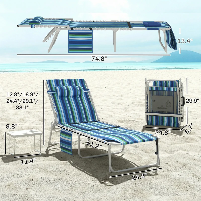 Outsunny Tanning Chair with Face Hole and Side Table, 5-Position Folding Outdoor Chaise Lounge Chair, Blue Stripe