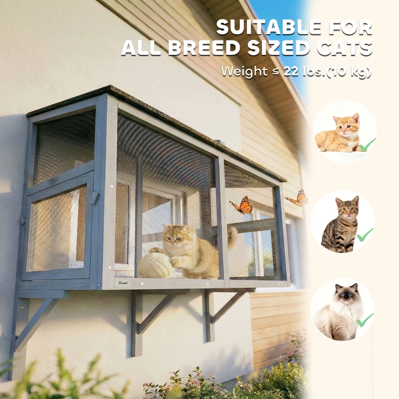 PawHut Catio Outdoor Cat Enclosure Expandable Wooden Cat House with 2 Doors for Window, 51.2"L