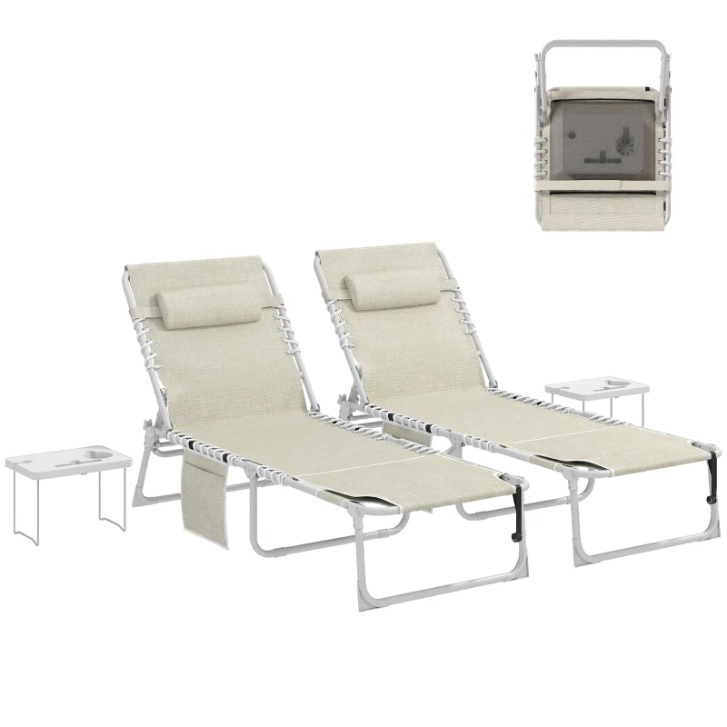 Outsunny Tanning Chair Set of 2 with Face Hole and Side Table, 5-Position Folding Outdoor Chaise Lounge Chair, Beige