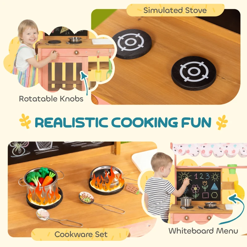 Qaba Kids Mud Kitchen with Canopy, Outdoor Wooden Play Kitchen with Planter Box, Accessories for Age 3-6, Pink