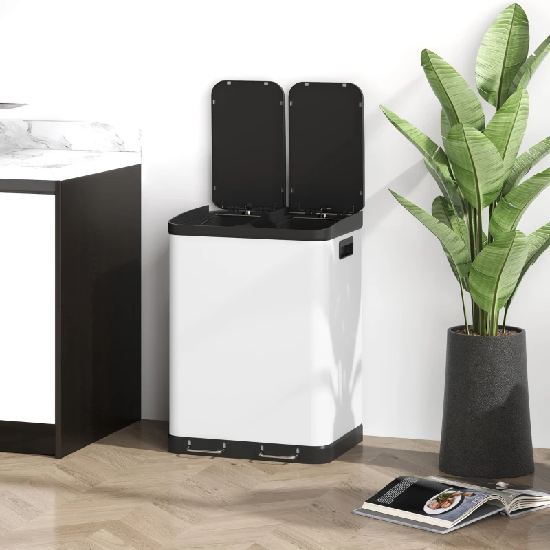 HOMCOM Kitchen Garbage Bin, 2 x 7.9 Gal (2 x 30 L) Trash Can, Soft-Close Garbage Can with Removable Inner Buckets, White