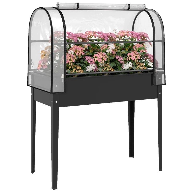 Outsunny Raised Garden Bed with Flip-Up Greenhouse Cover, Metal Elevated Garden Bed with Legs and Drainage Hole, Black