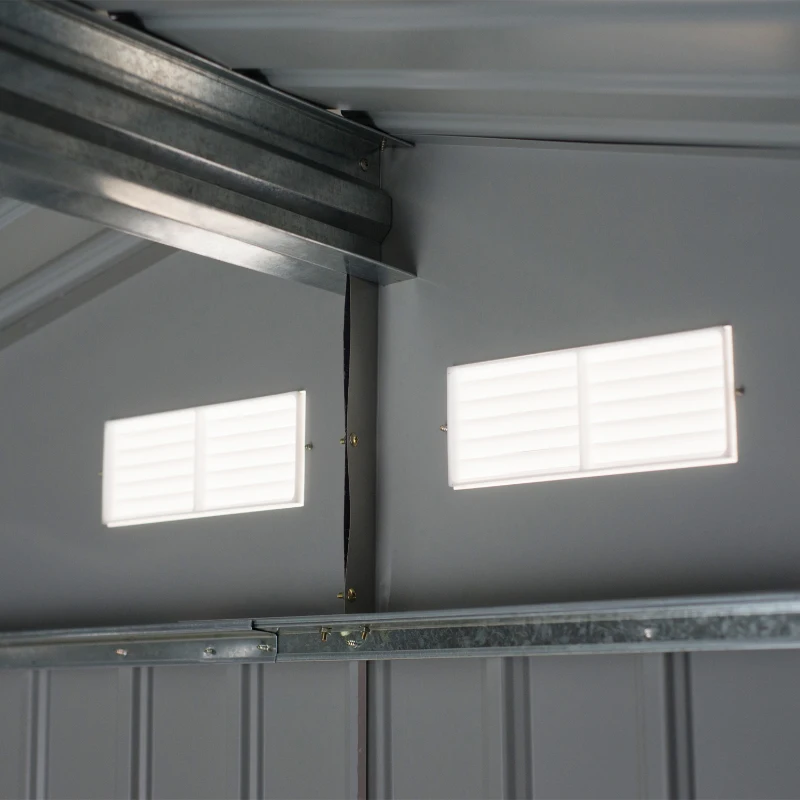 Outsunny 9x6 Galvanized Steel Ventilated Garden Storage Shed with Double Doors, Foundation Kit, Grey