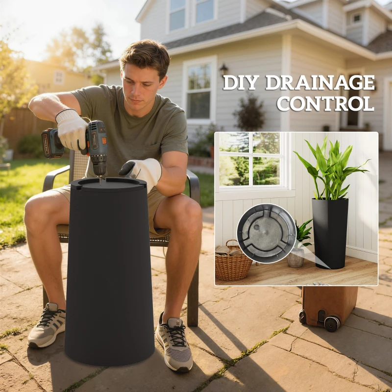 Outsunny 29 Inch Outdoor Planter, Set of 2 Plastic Flower Pots, Weather and UV Resistant Stackable Large Planters, Black