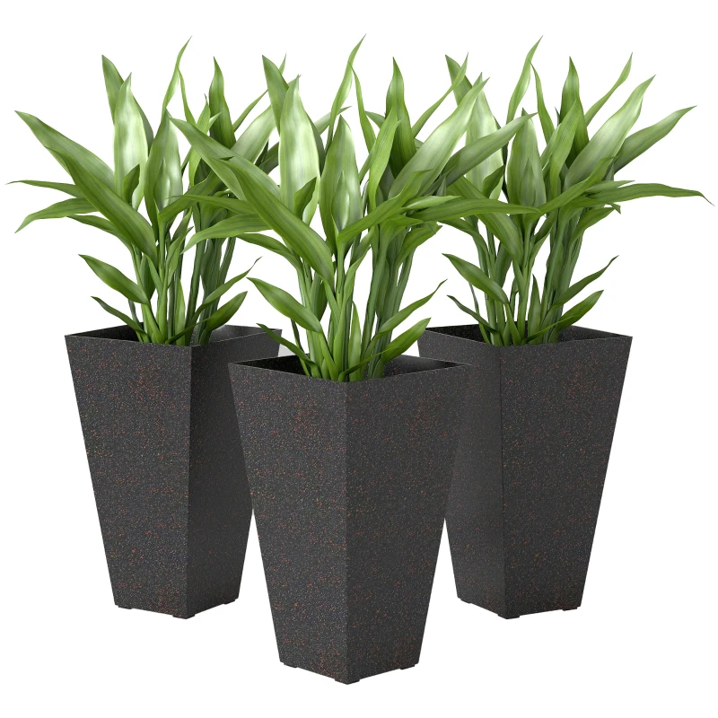 Outsunny 28" Tall Planters, Set of 3 Plastic Flower Pots with Marble Finish and Drainage Holes, Stackable Taper Planters, Brown