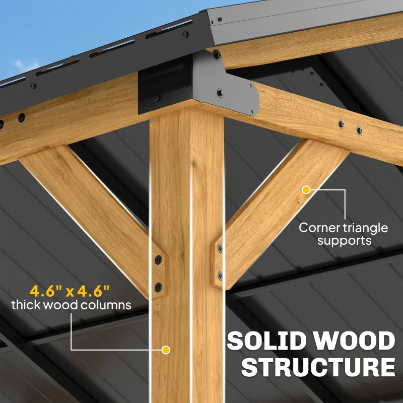 Outsunny 13' x 11' Hardtop Gazebo Canopy with Galvanised Metal Roof, Fir Wood Frame and Central Hook for Patio, Black Gray