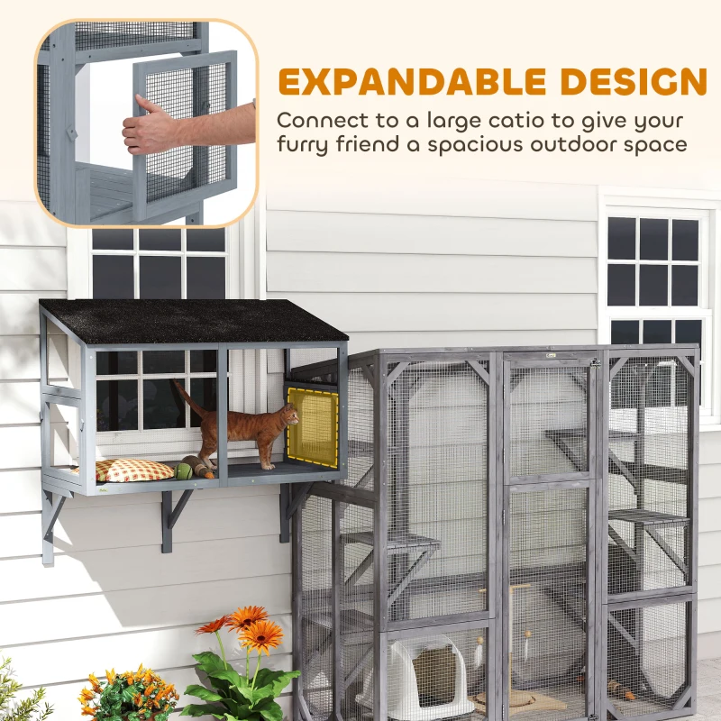 PawHut Catio Outdoor Cat Enclosure Expandable Wooden Cat House with 2 Doors for Window, 39.4"L