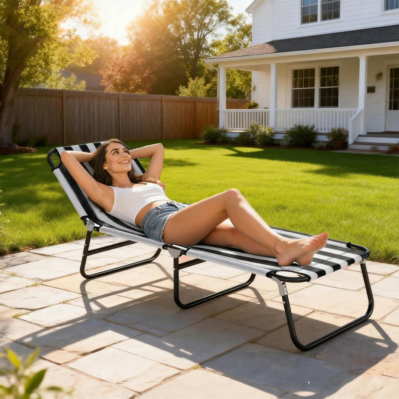 Outsunny Portable Folding Adjustable Sun Beach Lounger / Camping Cot - Black and White