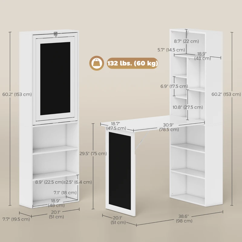 HOMCOM Fold-out Convertible Office Desk, Wall Mount Computer Desk with Blackboard and Side Shelf, White