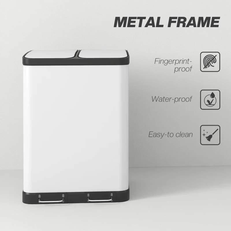 HOMCOM Kitchen Garbage Bin, 2 x 7.9 Gal (2 x 30 L) Trash Can, Soft-Close Garbage Can with Removable Inner Buckets, White