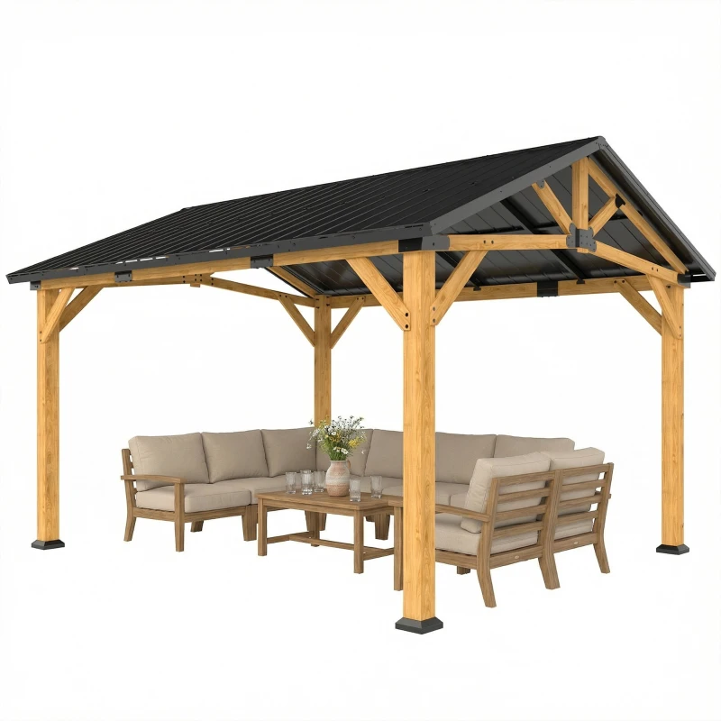 Outsunny 13' x 11' Hardtop Gazebo Canopy with Galvanised Metal Roof, Fir Wood Frame and Central Hook for Patio, Black Gray