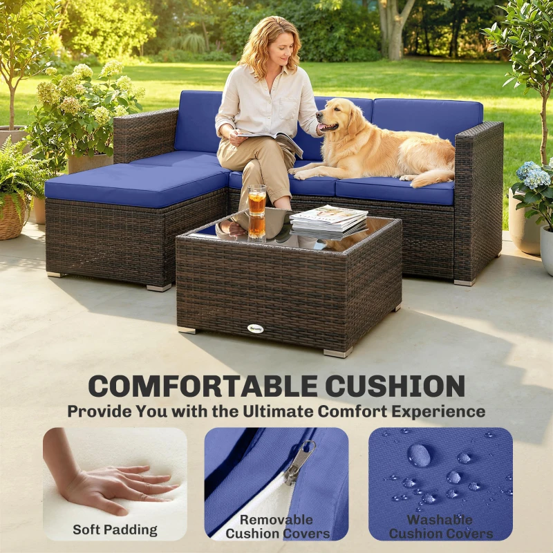 Outsunny 3 Pieces Patio Furniture Set with Cushions, Outdoor PE Rattan Wicker Conversation Corner Sofa Set with Glass Top Table