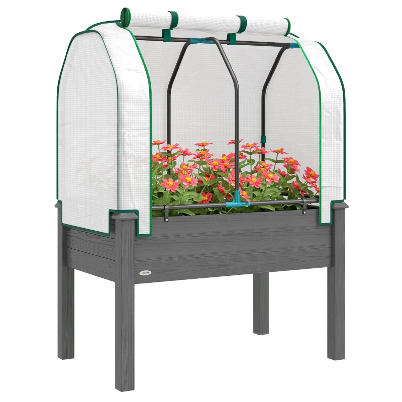 Outsunny Raised Garden Bed with PE Greenhouse Cover Outdoor Planter Box for Herbs and Vegetables, 35 x 22 x 47 inch, Dark Gray