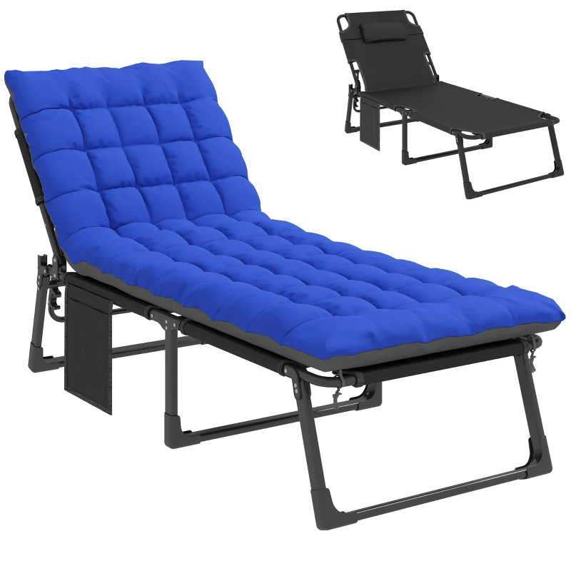 Outsunny Folding Chaise Lounge Chair Outdoor Tanning Chair with 5-Position Backrest, Cushion, Side Pocket, Gray/Blue