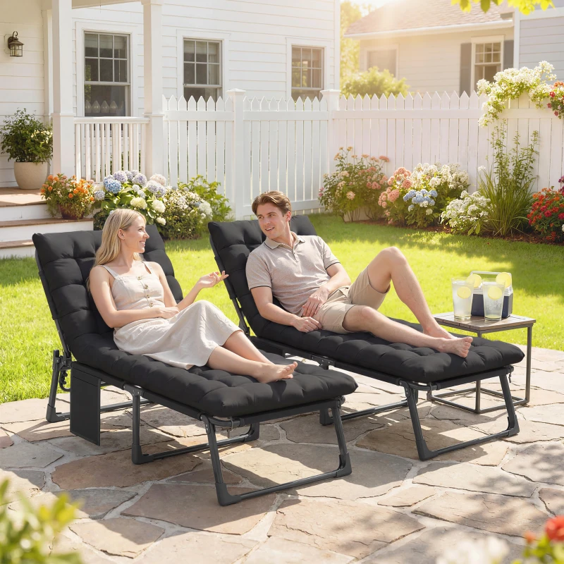Outsunny Folding Chaise Lounge Chair Outdoor Tanning Chair Set of 2 with 5-Position Backrest, Cushions, Side Pocket, Black