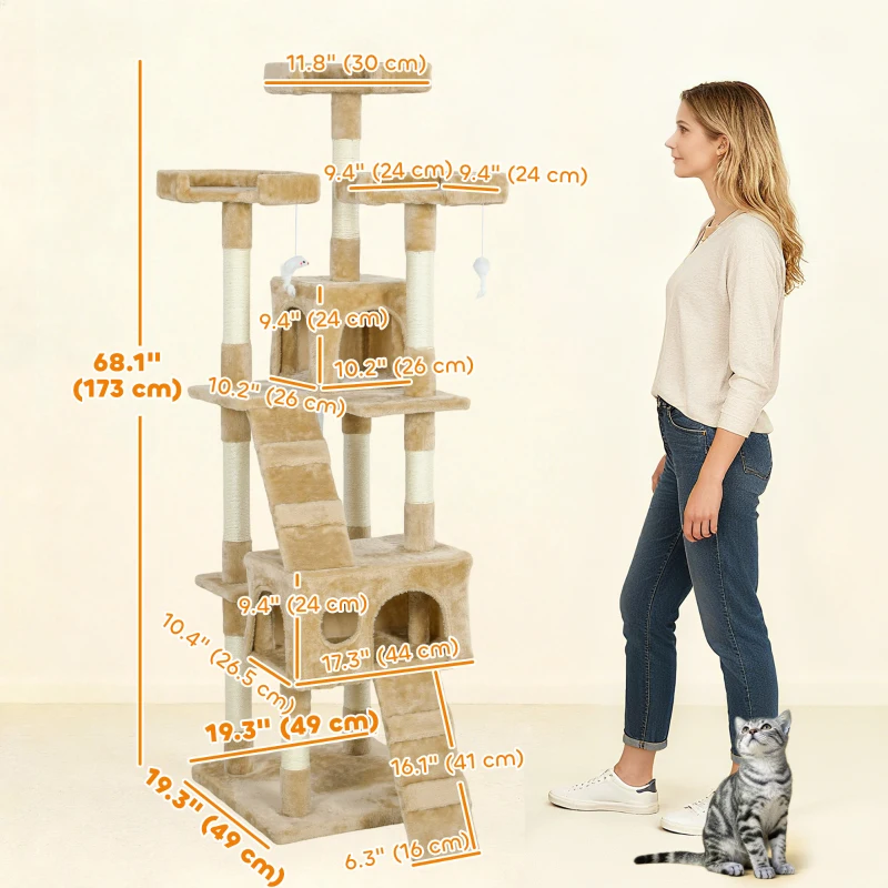 PawHut 68-inch Multi-Level Cat Scratching Tree Kitty Activity Center Post Tower Condo Pet Furniture w/ Toy Light Brown