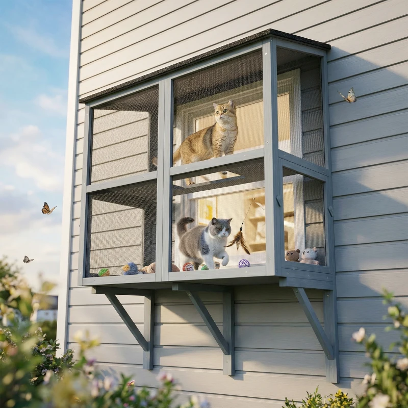 PawHut Catio Outdoor Cat Enclosure Wall-Mounted 2-Level Outdoor Cat House with Waterproof Roof 39.4" Grey