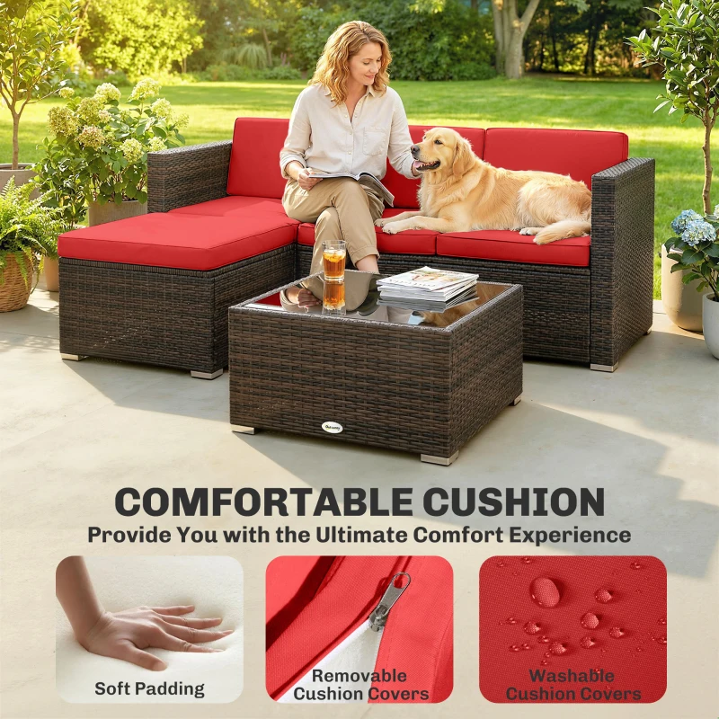 Outsunny 3 Pieces Patio Furniture Set with Cushions, Outdoor PE Rattan Wicker Conversation Corner Sofa Set with Glass Top Table