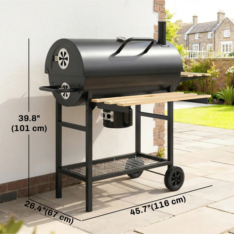 Outsunny Charcoal BBQ Grill with Foldable Shelves, Barbecue Grill with Warming Rack, Thermometer, Wheels, Natural Wood and Black