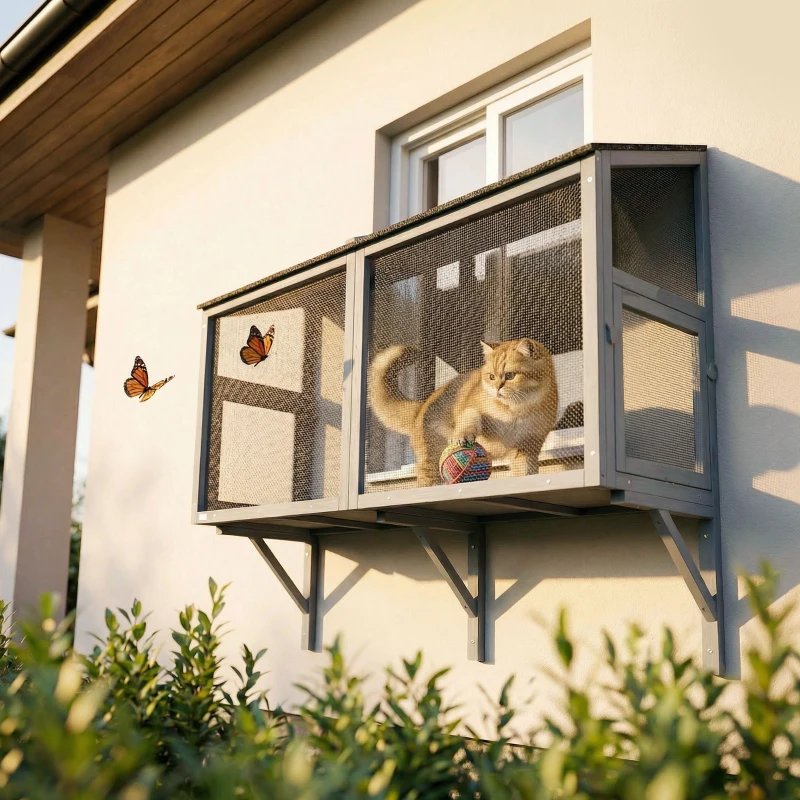 PawHut Catio Outdoor Cat Enclosure Expandable Wooden Cat House with 2 Doors for Window, 51.2"L