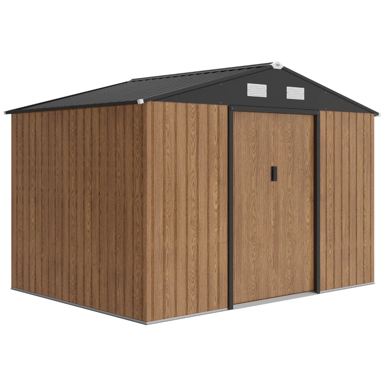 Outsunny 9.1'x6.4'x6.3' Garden Storage Shed, Outdoor Storage Tool House with Vents, Foundation and Lockable Double Doors, Teak