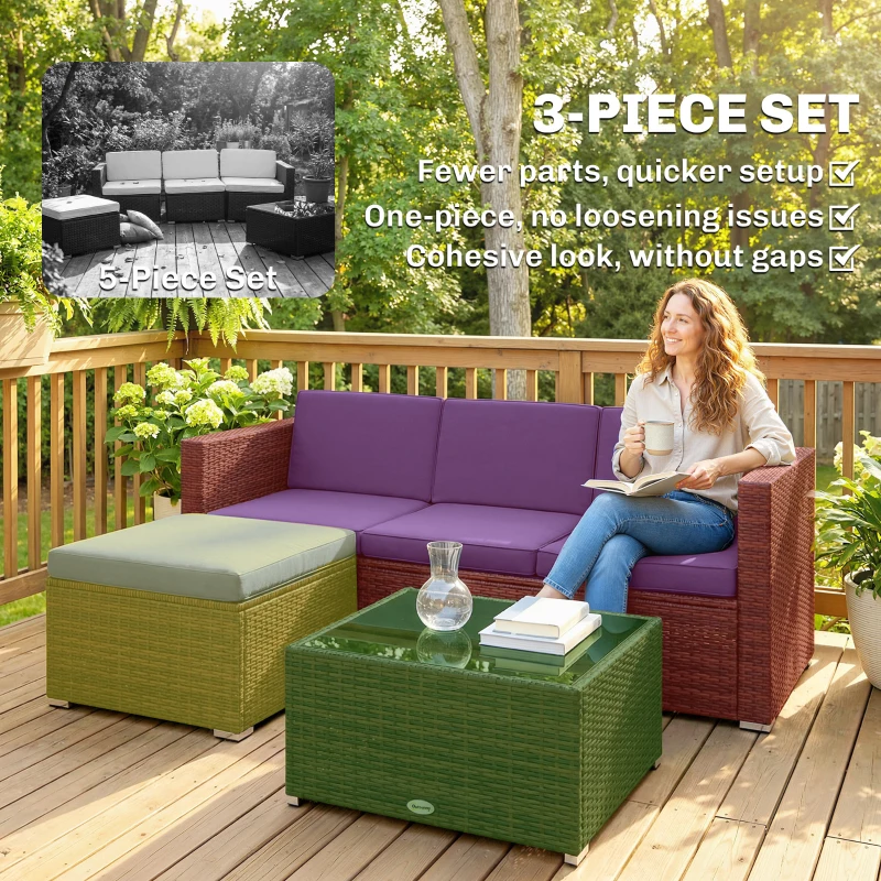 Outsunny 3 Pieces Patio Furniture Set with Cushions, Outdoor PE Rattan Wicker Conversation Corner Sofa Set with Glass Top Table