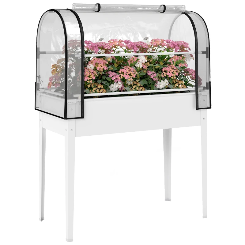 Outsunny Raised Garden Bed with Flip-Up Greenhouse Cover, Metal Elevated Garden Bed with Legs and Drainage Hole, White