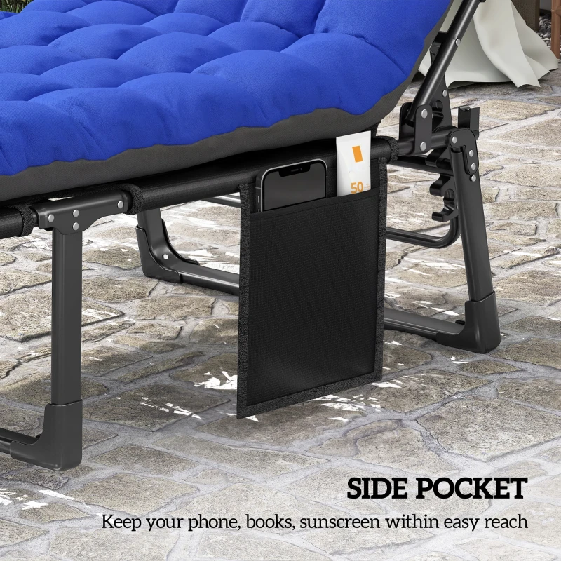 Outsunny Folding Chaise Lounge Chair Outdoor Tanning Chair with 5-Position Backrest, Cushion, Side Pocket, Gray/Blue